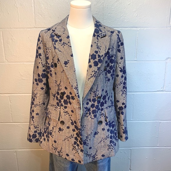 New Step Up Linen Silk Floral Houndstooth Blazer Blue Gray Women's Size 8 (38) - Picture 5 of 10